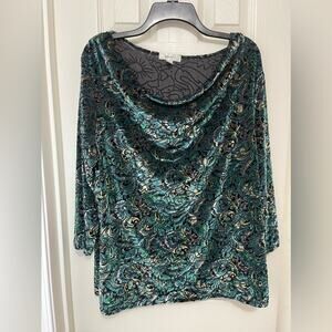 Dressbarn Green Floral Whimsical Festive Drape Front Burnout Top size 2X